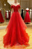 Red sweetheart off shoulder tulle long Formal Prom Dresses tulle formal Dresses