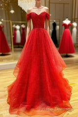 Red sweetheart off shoulder tulle long Formal Prom Dresses tulle formal Dresses
