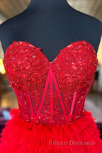 Red Sweetheart Sequins Top Multi-Layers Long Formal Prom Dress,Tiered Formal Prom Dress