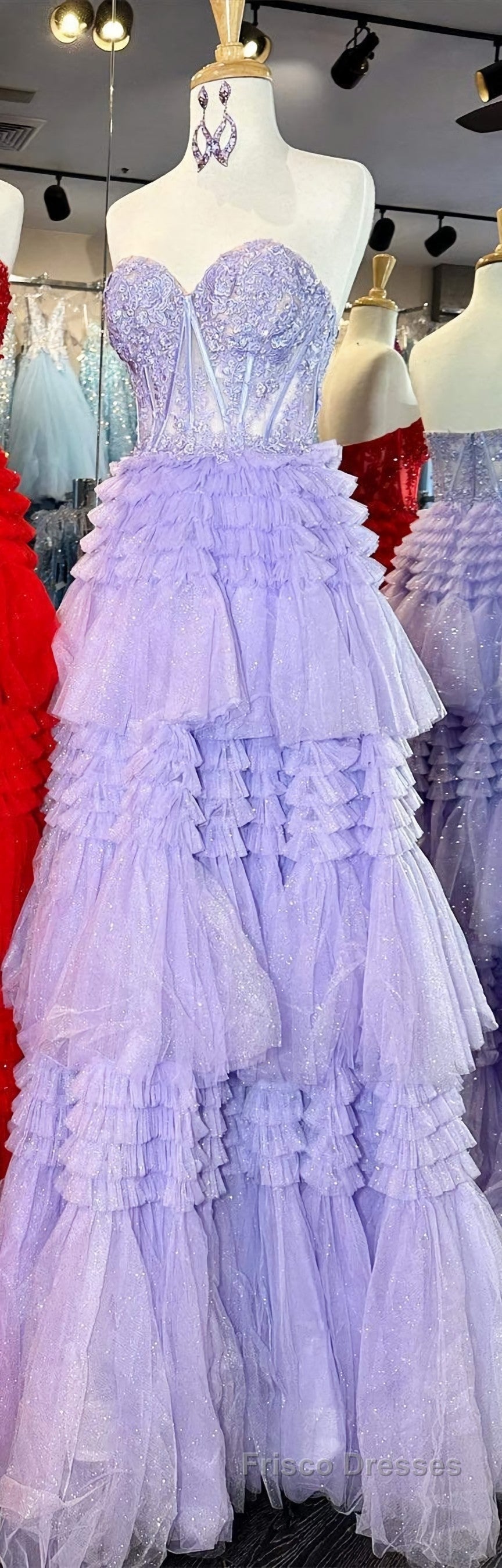 Red Sweetheart Sequins Top Multi-Layers Long Formal Prom Dress,Tiered Formal Prom Dress