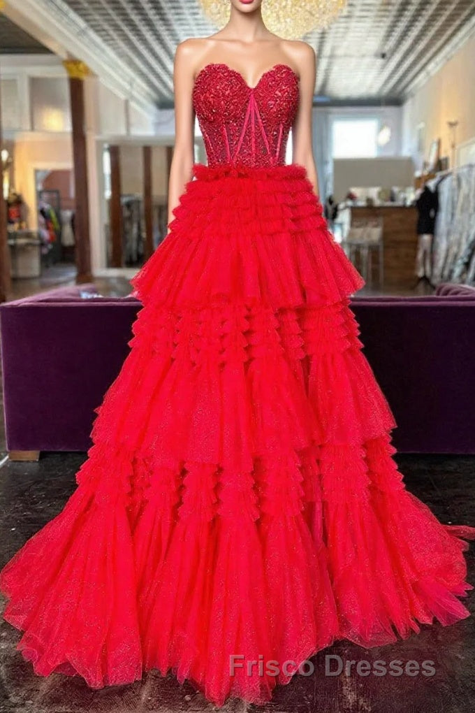 Red Sweetheart Sequins Top Multi-Layers Long Formal Prom Dress,Tiered Formal Prom Dress Main image