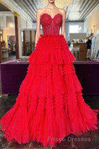 Red Sweetheart Sequins Top Multi-Layers Long Formal Prom Dress,Tiered Formal Prom Dress