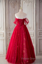 Red Sweetheart Tulle Long Formal Dress, Red Off Shoulder Party Dress Formal Prom Dress