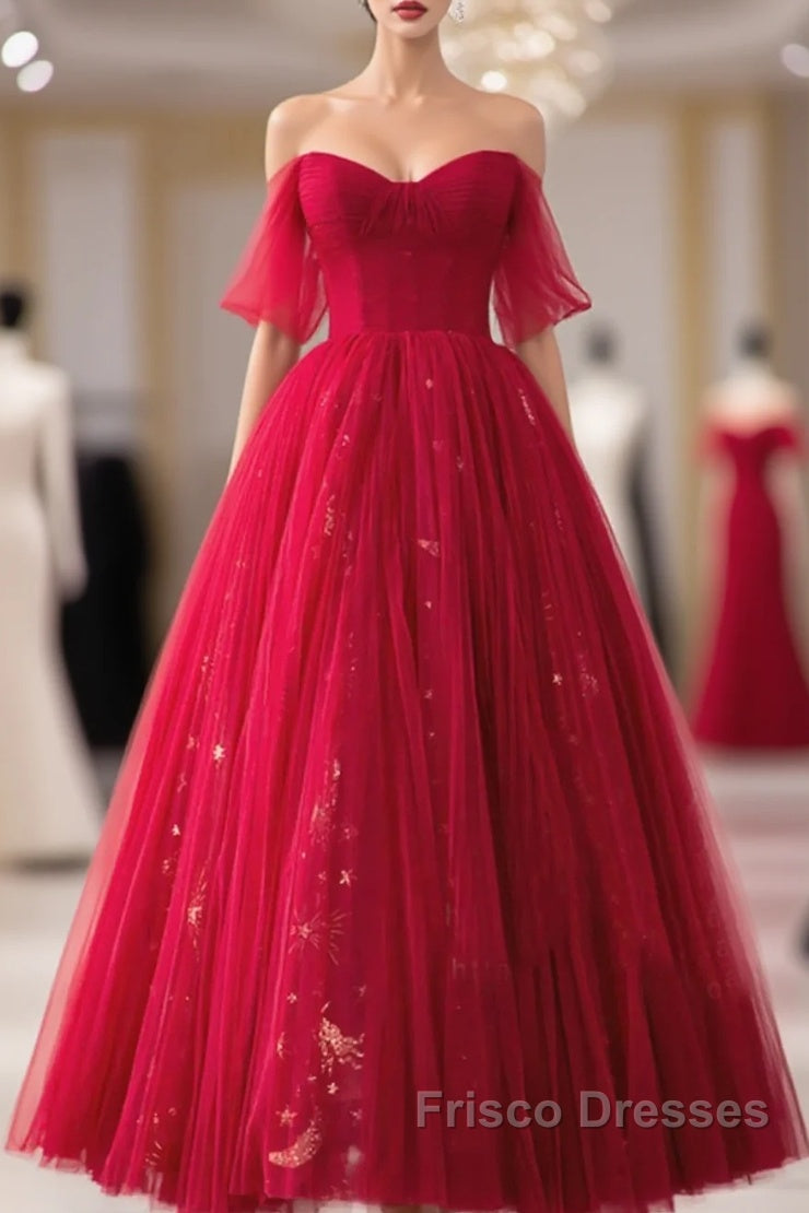 Red Sweetheart Tulle Long Formal Dress, Red Off Shoulder Party Dress Formal Prom Dress Main image
