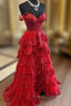 Red Sweetheart Tulle Off Shoulder Layers Long Party Dress, A-Line Red Tulle Formal Prom Dress