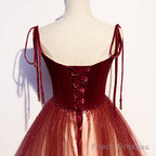 Red Sweetheart Velvet and Tulle Straps Long Party Dress, Gradient Tulle A-line Prom Dress