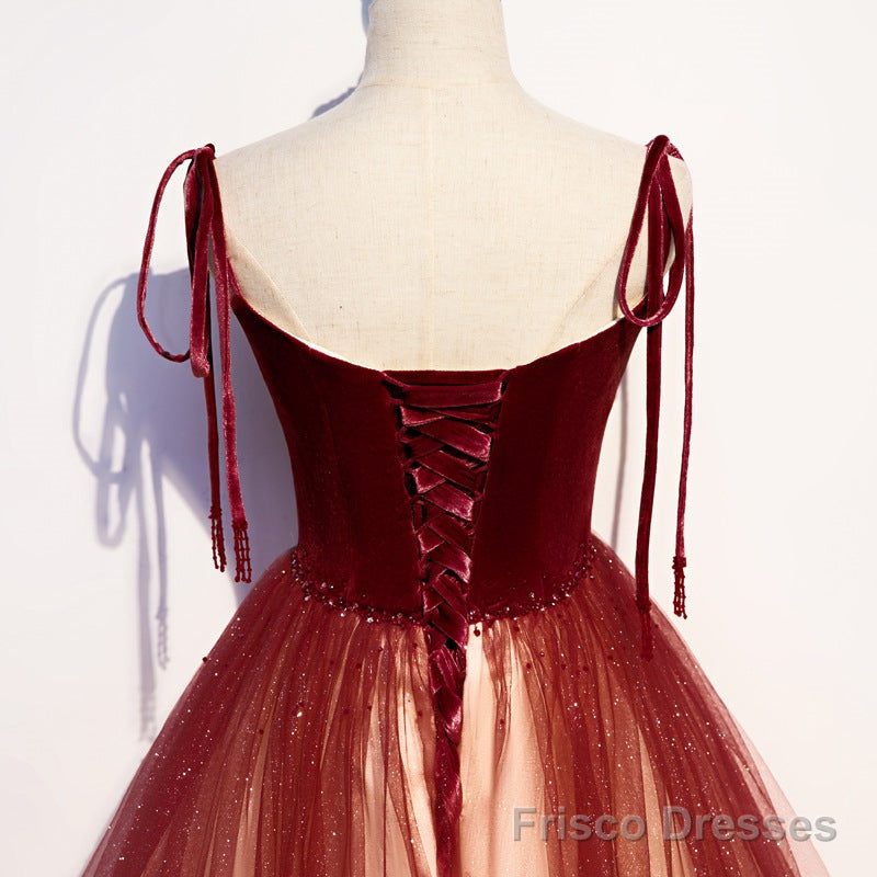 Red Sweetheart Velvet and Tulle Straps Long Party Dress, Gradient Tulle A-line Prom Dress