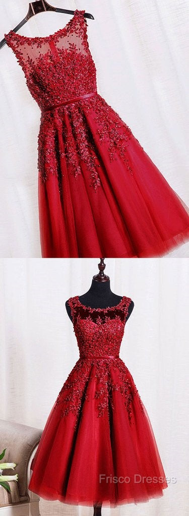 Red Tea Length Round Homecoming Dress, Lace Applique Red Party Dress, Vintage Style Formal Prom Dress