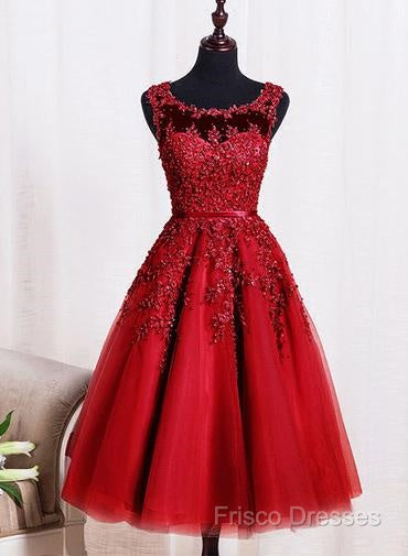 Red Tea Length Round Homecoming Dress, Lace Applique Red Party Dress, Vintage Style Formal Prom Dress
