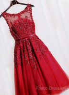 Red Tea Length Round Homecoming Dress, Lace Applique Red Party Dress, Vintage Style Formal Prom Dress