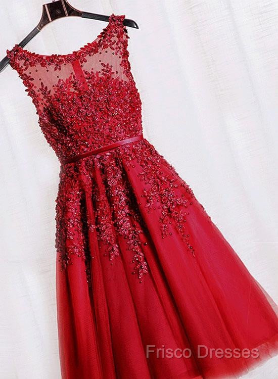 Red Tea Length Round Homecoming Dress, Lace Applique Red Party Dress, Vintage Style Formal Prom Dress