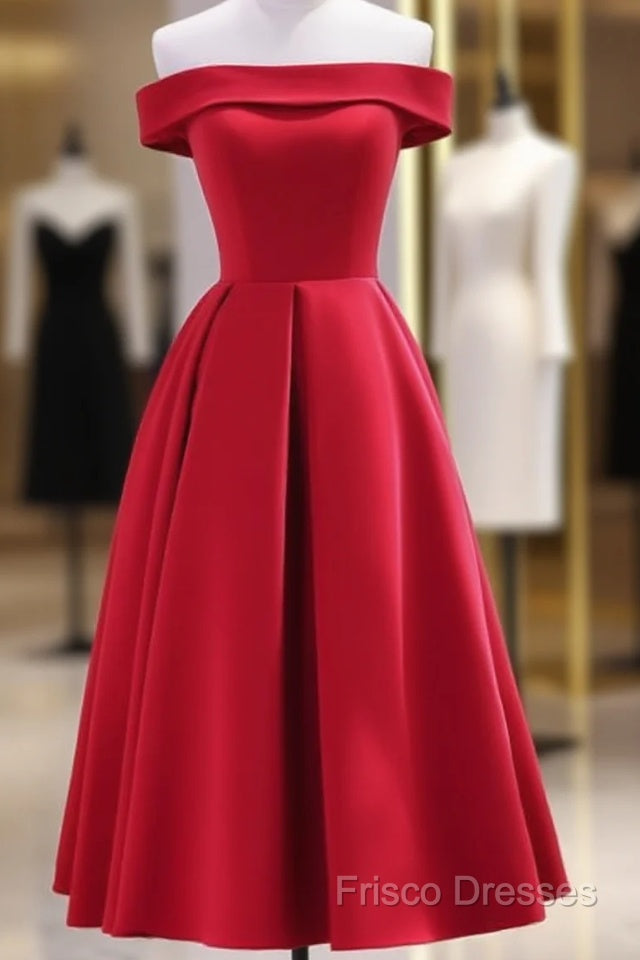 Red Tea Length Vintage Style Wedding Party Dress, Off Shoulder Formal Dress, Red Party Dress Main image
