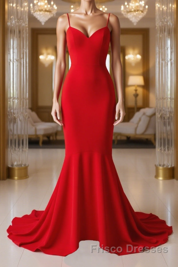 Red Thin Straps Mermaid Backless Long Formal Prom Dresses, Red Mermaid Formal Dresses, Red Evening Dresses Main image