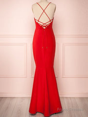 Red Thin Straps Mermaid Backless Long Prom Dresses, Red Mermaid Formal Dresses, Red Evening Dresses