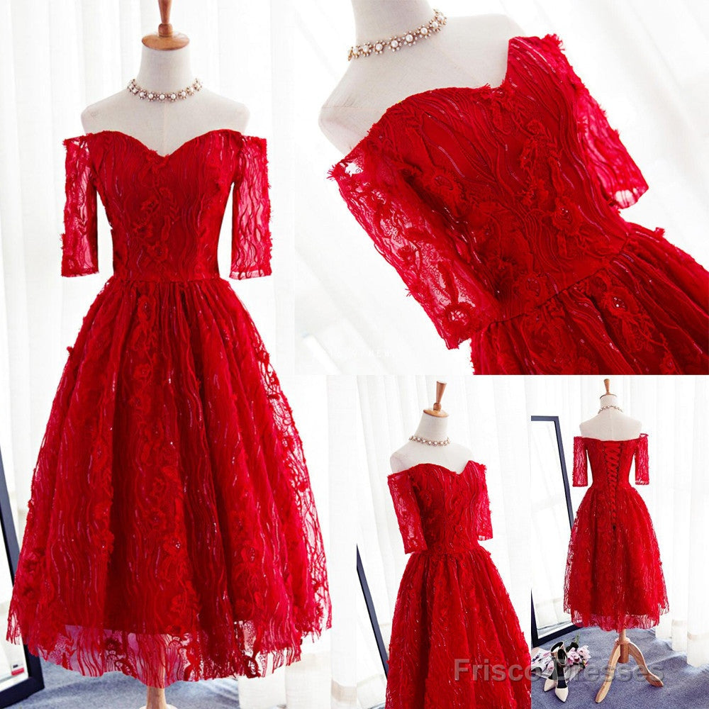 Red Three-Quarter Sleeve Sweetheart Off Shoulder Tea-Length Lace Up Back Homecoming Dresses Secondary image