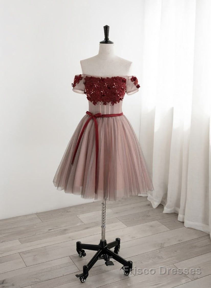 Red Tulle Beaded and Lace Short Party Dresses, Off Shoulder Prom Dresses Main image