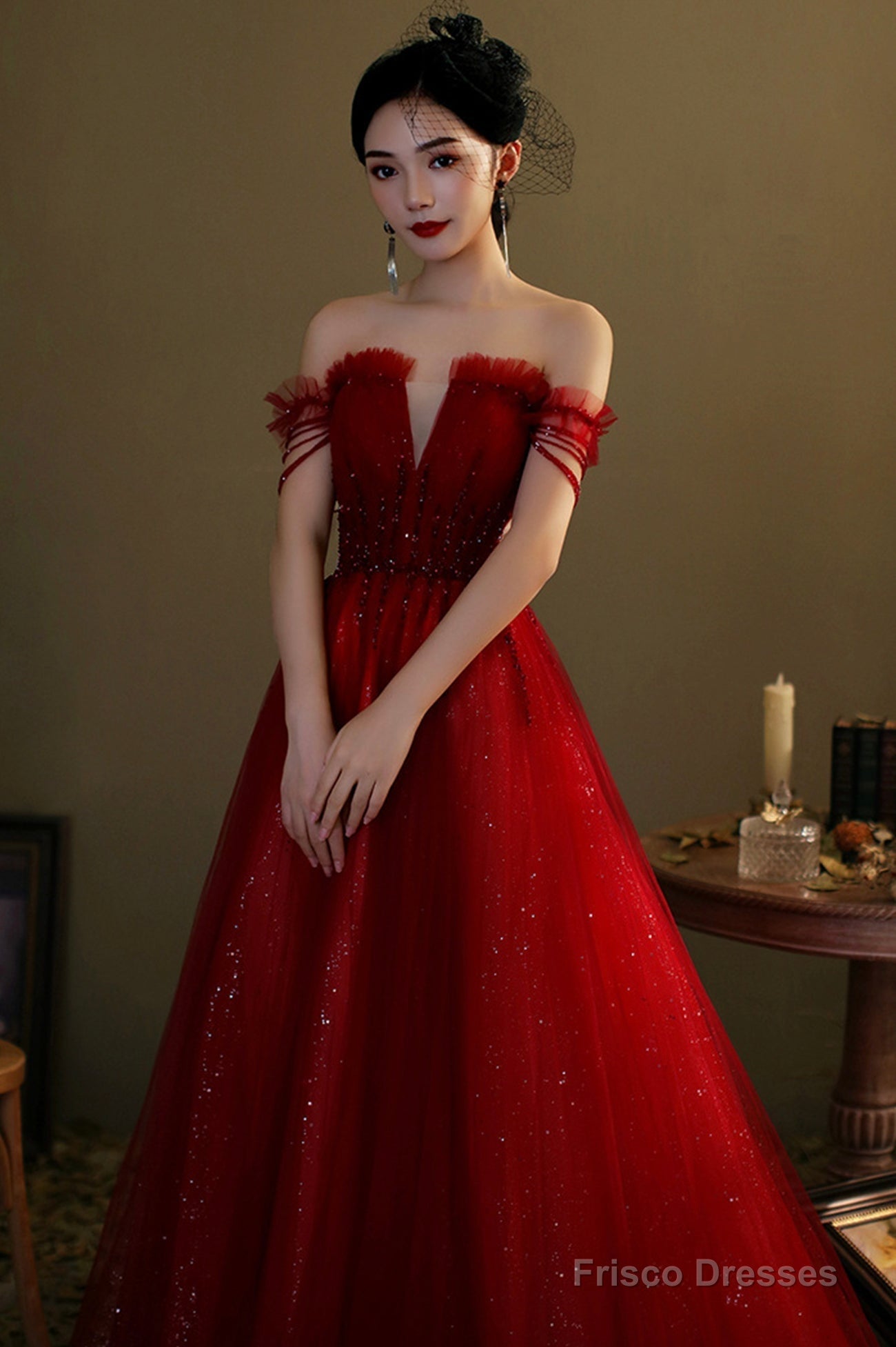 Red Tulle Beaded Long Prom Dress, A-Line Off The Shoulder Evening Dress Secondary image