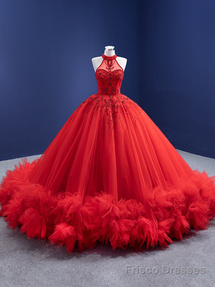 Red Tulle Halter Backless Beading Crystal Prom Dress Main image