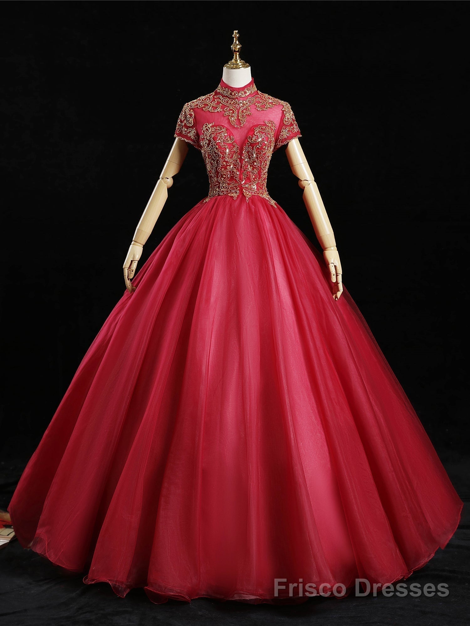 Red Tulle High Neck Cap Sleeve Beading Quinceanera Dress Main image