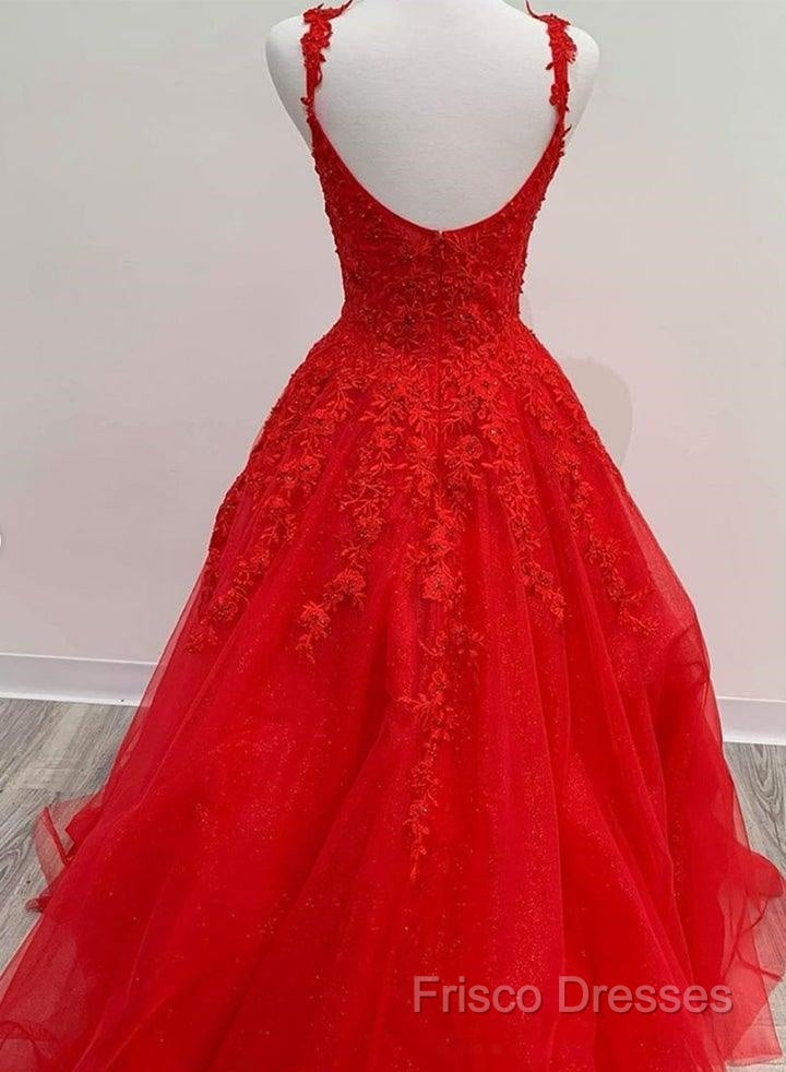 Red Tulle Lace Appliques Long Formal Prom Dress A Line Formal Dress