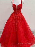 Red Tulle Lace Appliques Long Formal Prom Dress A Line Formal Dress