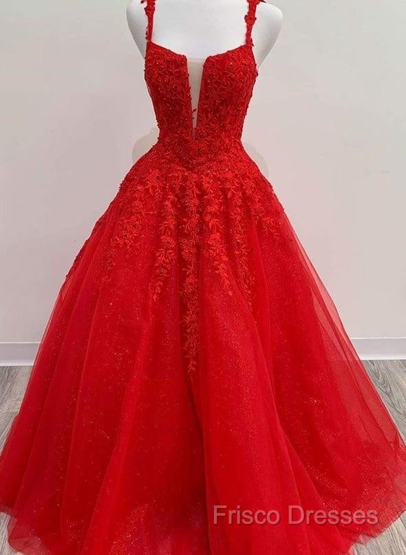 Red Tulle Lace Appliques Long Formal Prom Dress A Line Formal Dress
