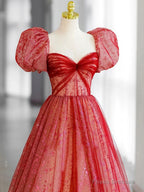 Red Tulle Lace Long Prom Dress, Red Tulle Formal Dress
