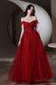 Red Tulle Long A-Line Prom Dress, Off The Shoulder Evening Graduation Dress