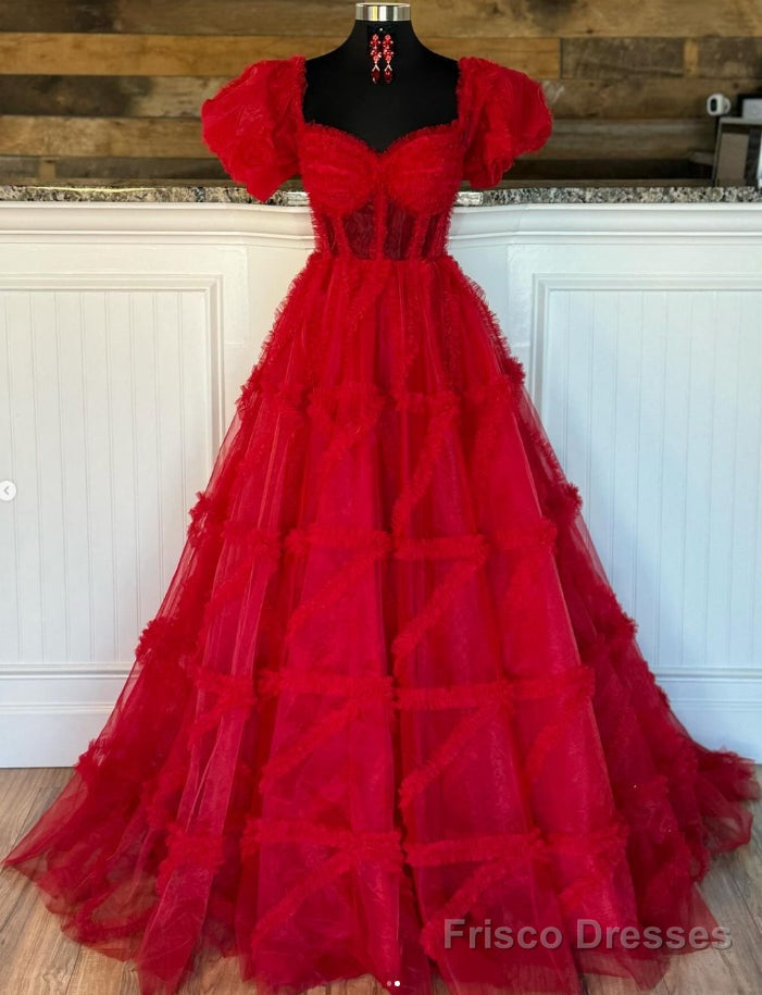 Red Tulle Long Prom Dress with Sheer Corset Bodice Main image