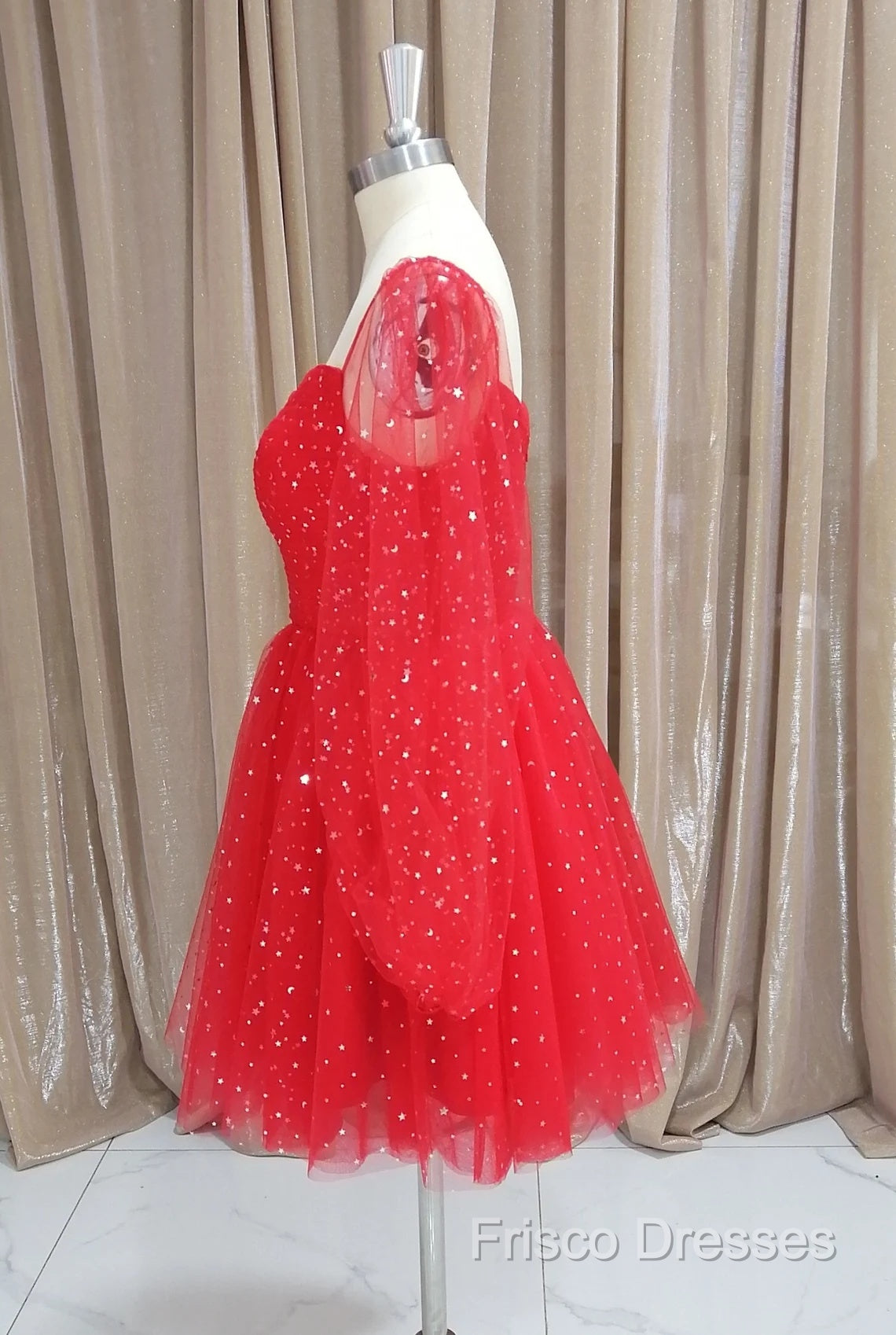 Red Tulle Long Puffy Sleeves Short Formal Prom Dress, Red Tulle Homecoming Dress Secondary image