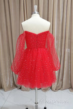 Red Tulle Long Puffy Sleeves Short Formal Prom Dress, Red Tulle Homecoming Dress