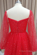 Red Tulle Long Puffy Sleeves Short Formal Prom Dress, Red Tulle Homecoming Dress