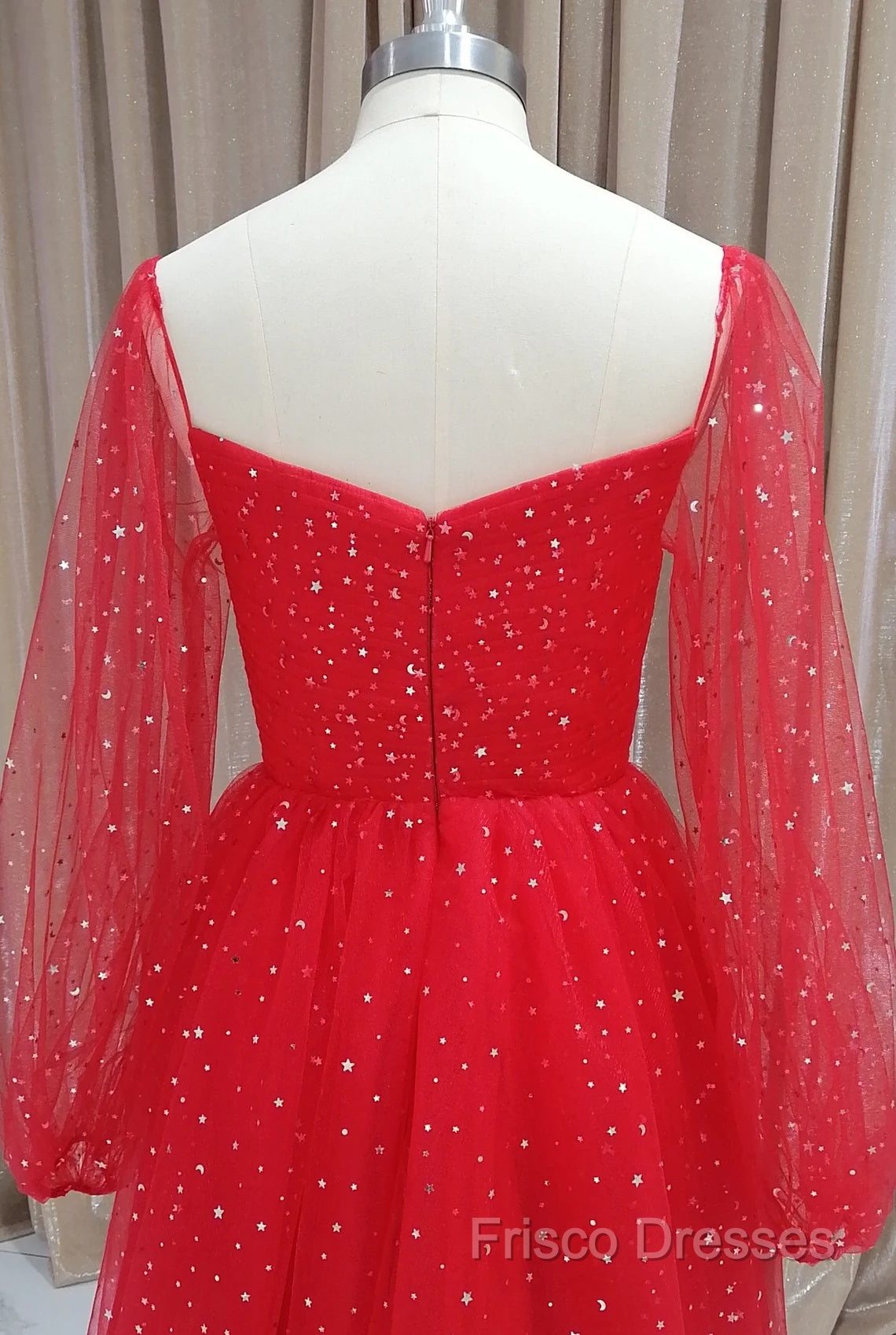 Red Tulle Long Puffy Sleeves Short Formal Prom Dress, Red Tulle Homecoming Dress