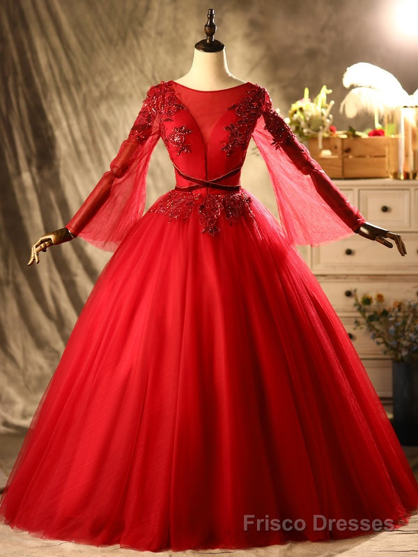 Red Tulle Long Sleeve Beading Sequins Quinceanera Dress Main image