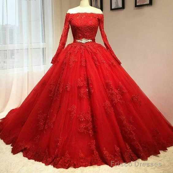Red Tulle Long Sleeve Quinceanera Dresses Lace Appliques Puffy Tulle Ball Gown Prom Dresss Party Dress