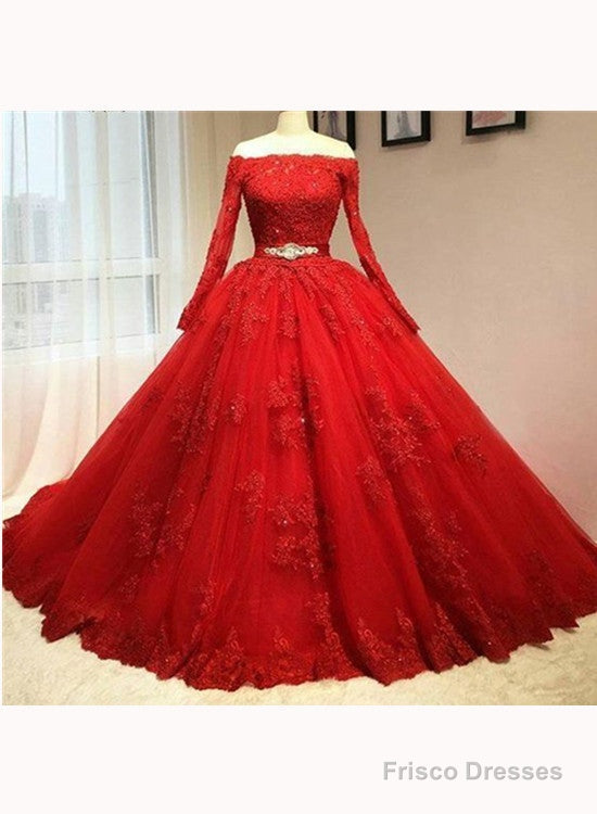 Red Tulle Long Sleeve Quinceanera Dresses Lace Appliques Puffy Tulle Ball Gown Prom Dresss Party Dress Main image