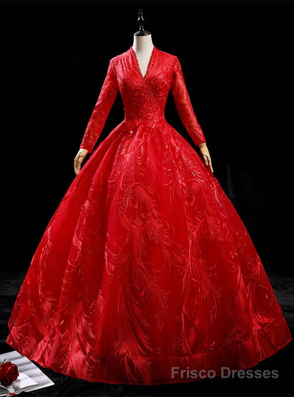 Red Tulle Long Sleeve V-neck Backless Quinceanera Dress Main image