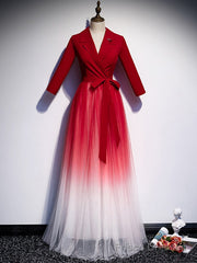 Red Tulle Long Sleeve V-neck Prom Dress