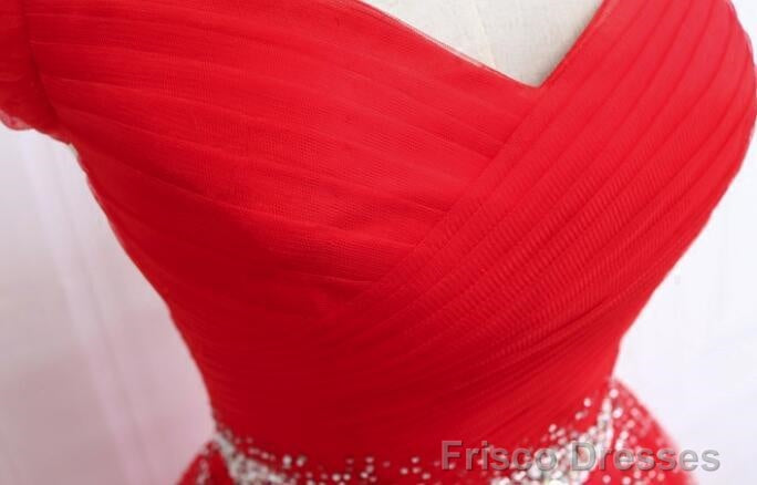 Red Tulle Off Shoulder Long Formal Gown , Red Sweet 16 Dresses