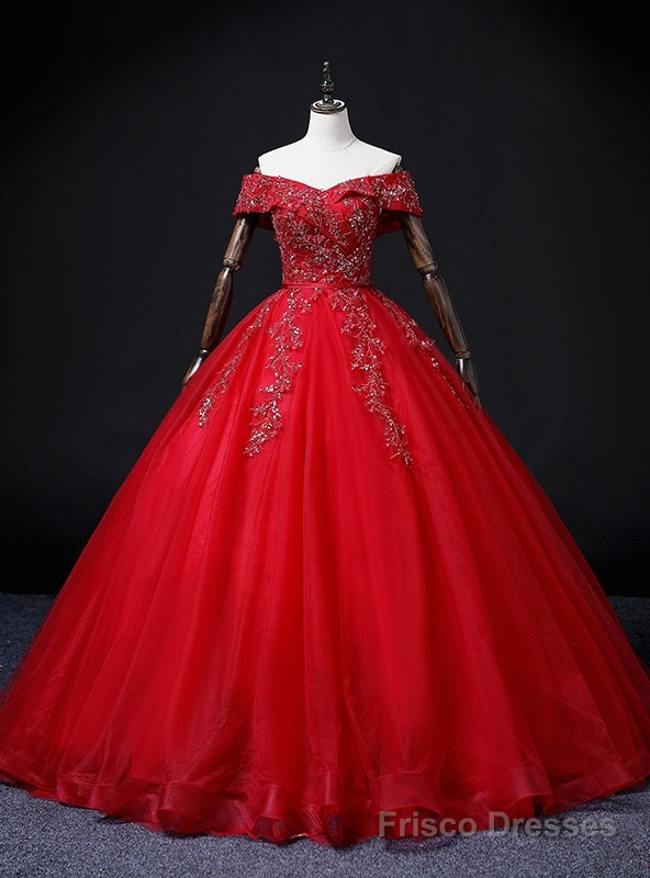 Red Tulle Off the Shoulder Beading Quinceanera Dress