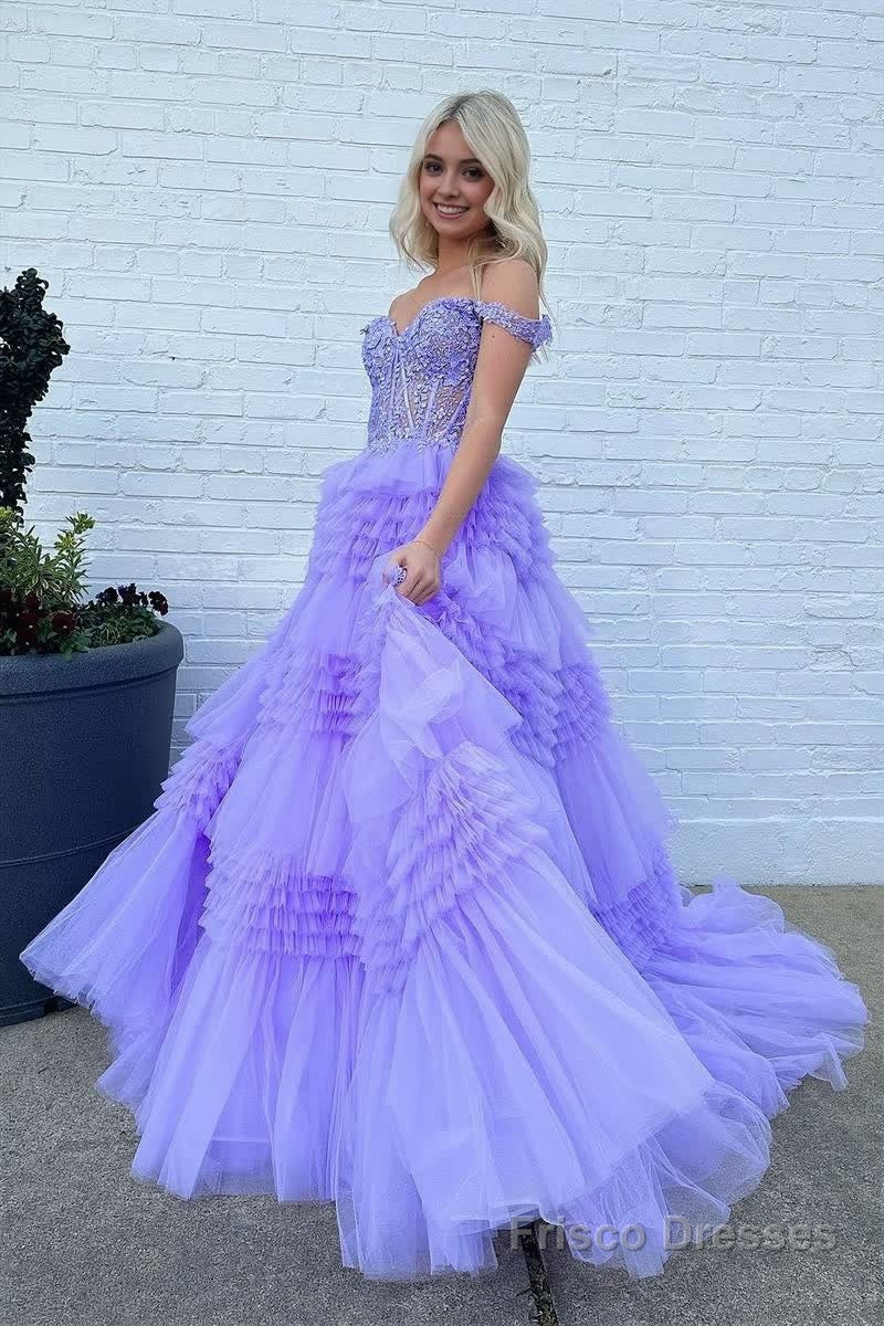 Red Tulle Off-the-Shoulder Ruffle Tiered Long Prom Dress