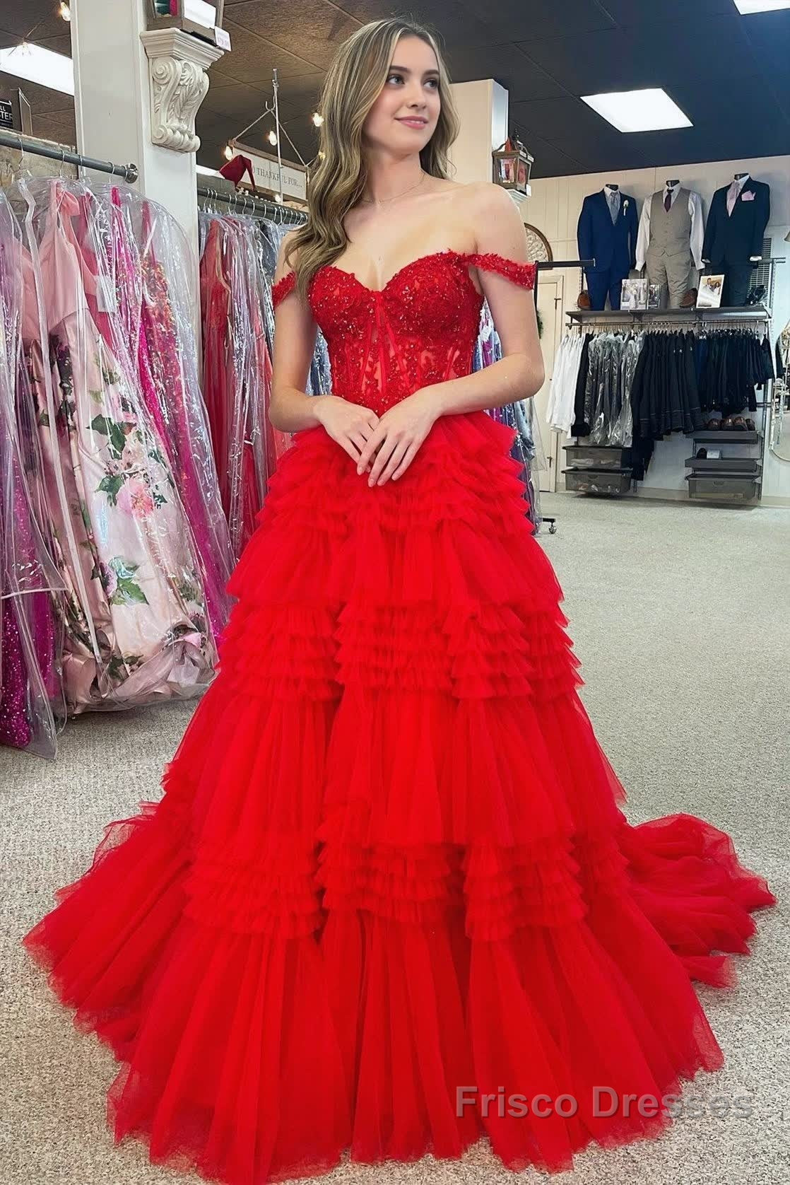 Red Tulle Off-the-Shoulder Ruffle Tiered Long Prom Dress – Frisco Dresses