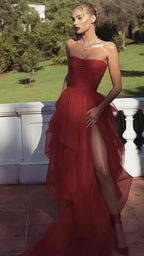 Red Tulle Prom Dresses Strapless Ruffle Evening Dress Red Prom Dress