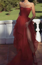 Red Tulle Prom Dresses Strapless Ruffle Evening Dress Red Prom Dress