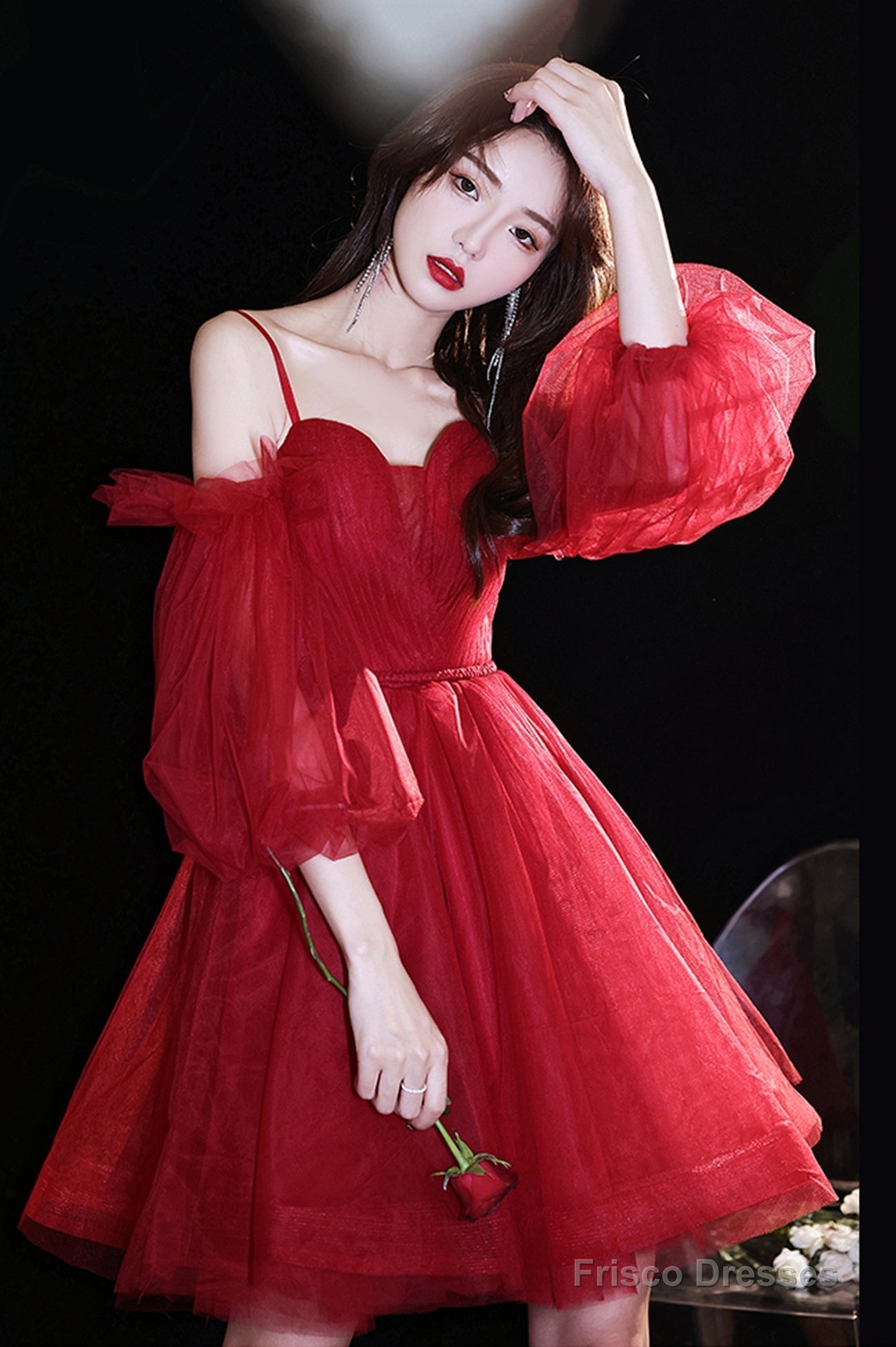 Red Tulle Short Prom Dress, A-Line Puff Sleeve Evening Party Dress Secondary image