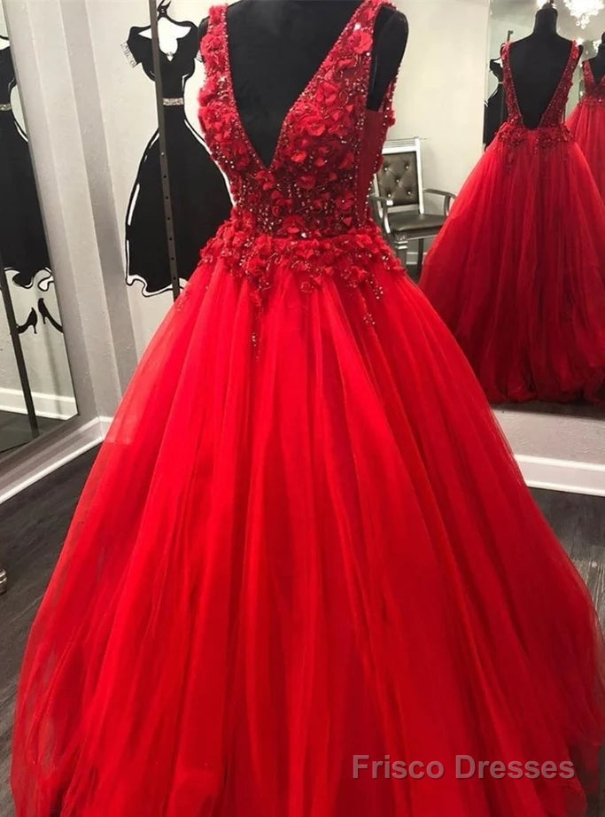 Red Tulle V-neck Backless Beading Prom Dress Main image