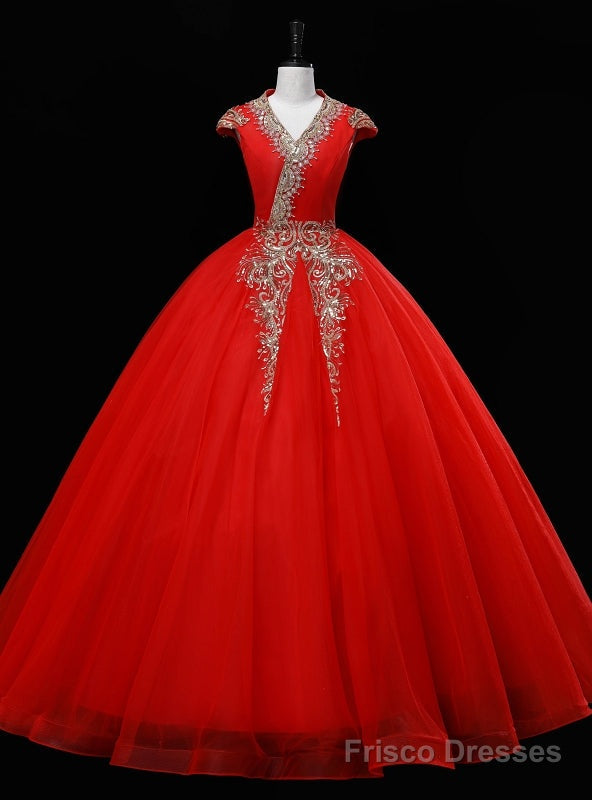 Red Tulle V-neck Cap Sleeve Sequins Beading Quinceanera Dress Main image