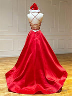 Red V Neck Backless Prom Dresses, Red Open Back Formal Graduation Evening Dresses