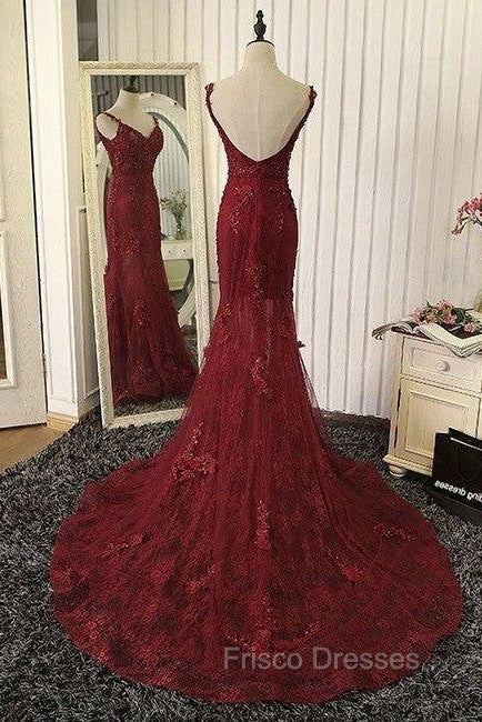 Red V Neck Lace Mermaid Long Formal Prom Dress, Red Evening Dress Secondary image