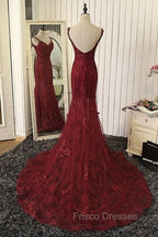 Red V Neck Lace Mermaid Long Formal Prom Dress, Red Evening Dress